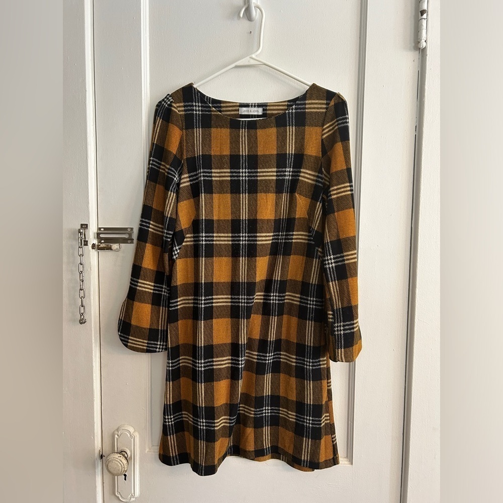 Janis & John poly blend plaid Women’s S french dress, gold/black/white